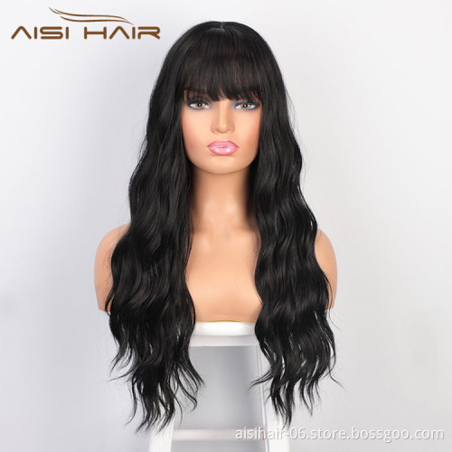 Aisi Hair Popular Vendor Cheap Wholesale Medical Long Wavy Natural Wave Wig With Bangs For Black Women Synthetic Hair Wigs